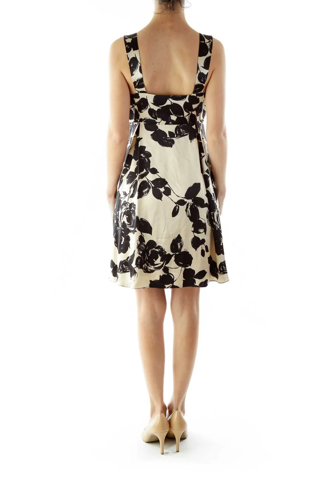 Black Beige Bow Floral Silk Dress