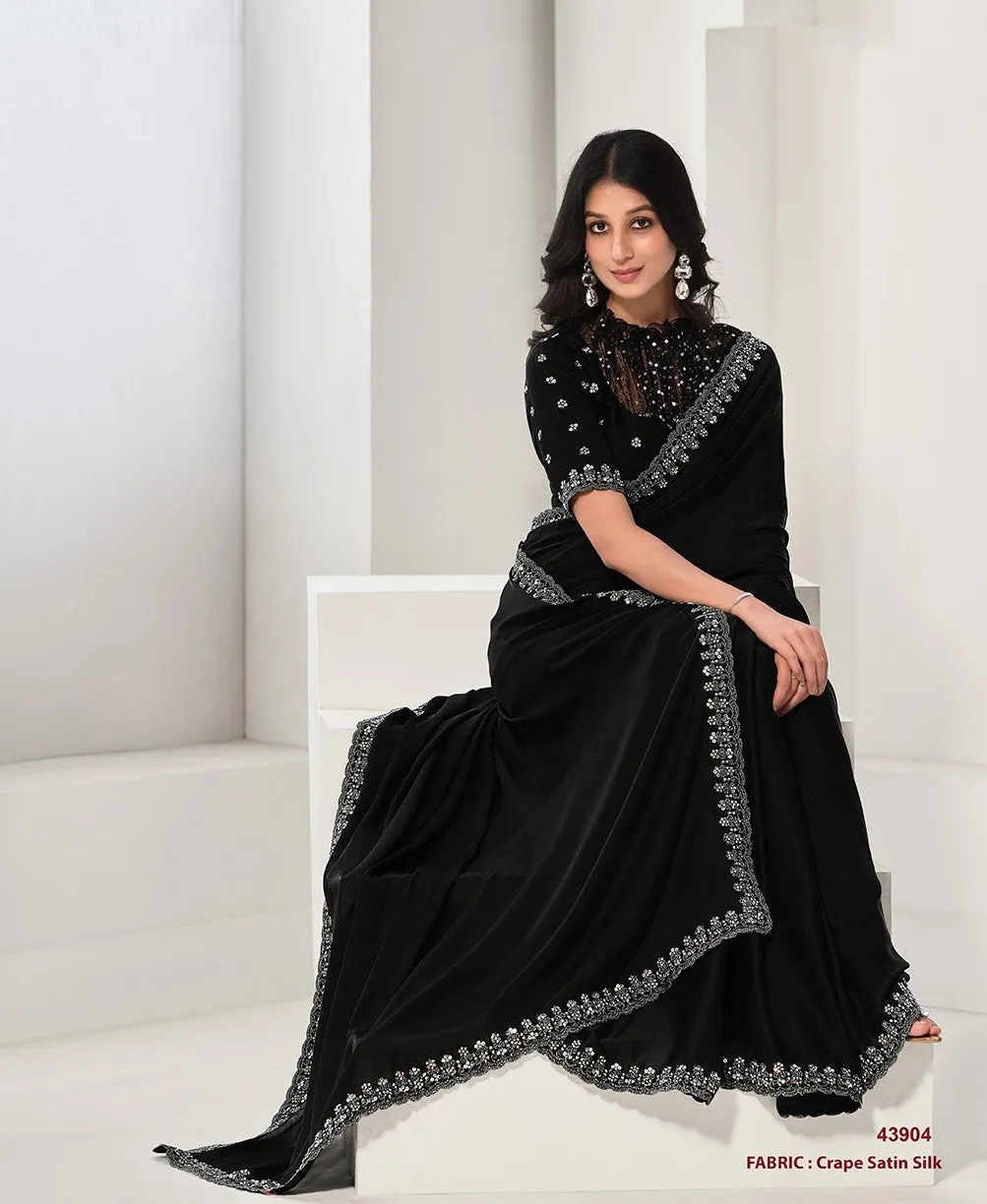 Black Crepe Satin Silk Sequence Work Saree with Unstitched Blouse
