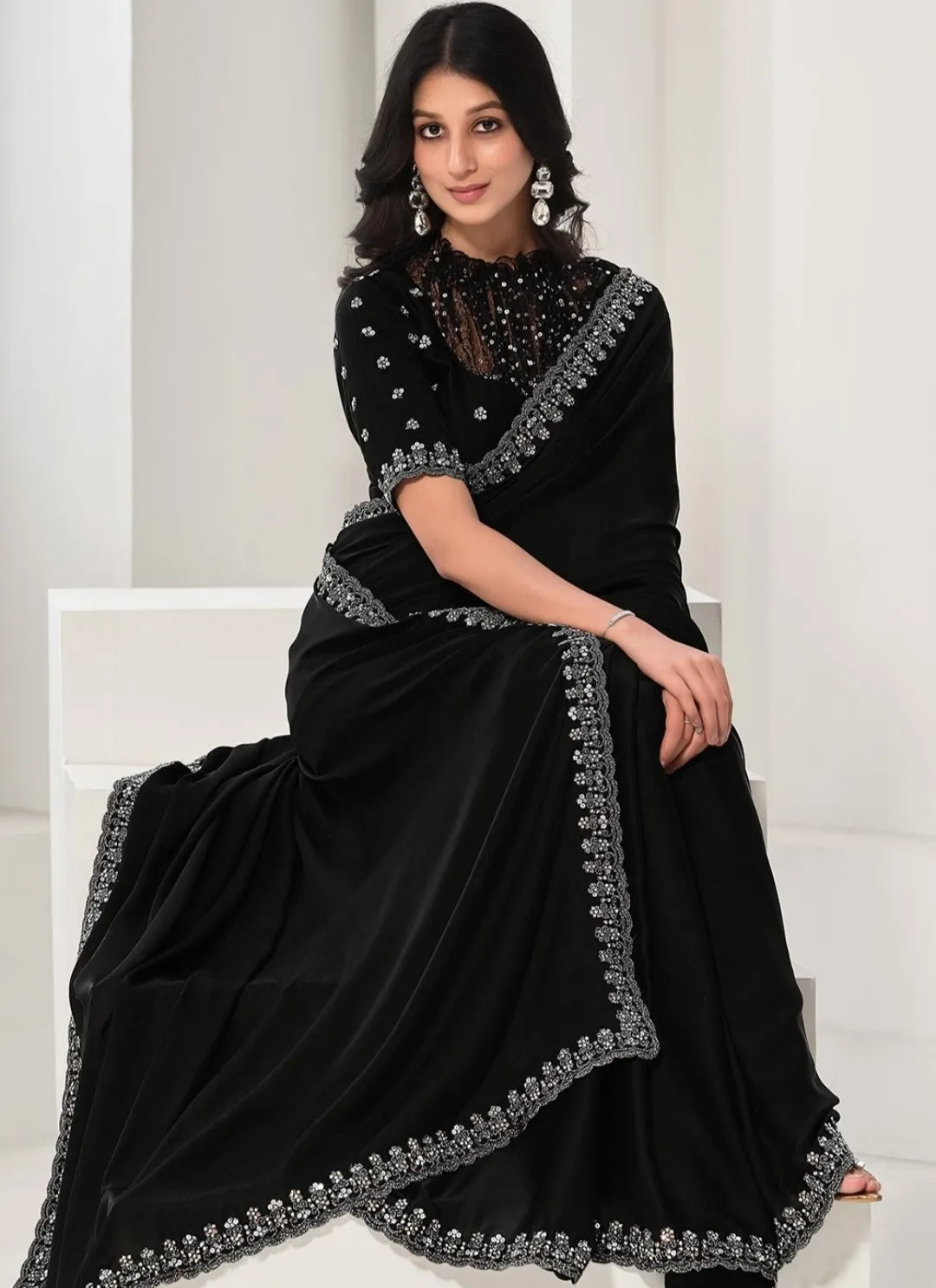 Black Crepe Satin Silk Sequence Work Saree with Unstitched Blouse