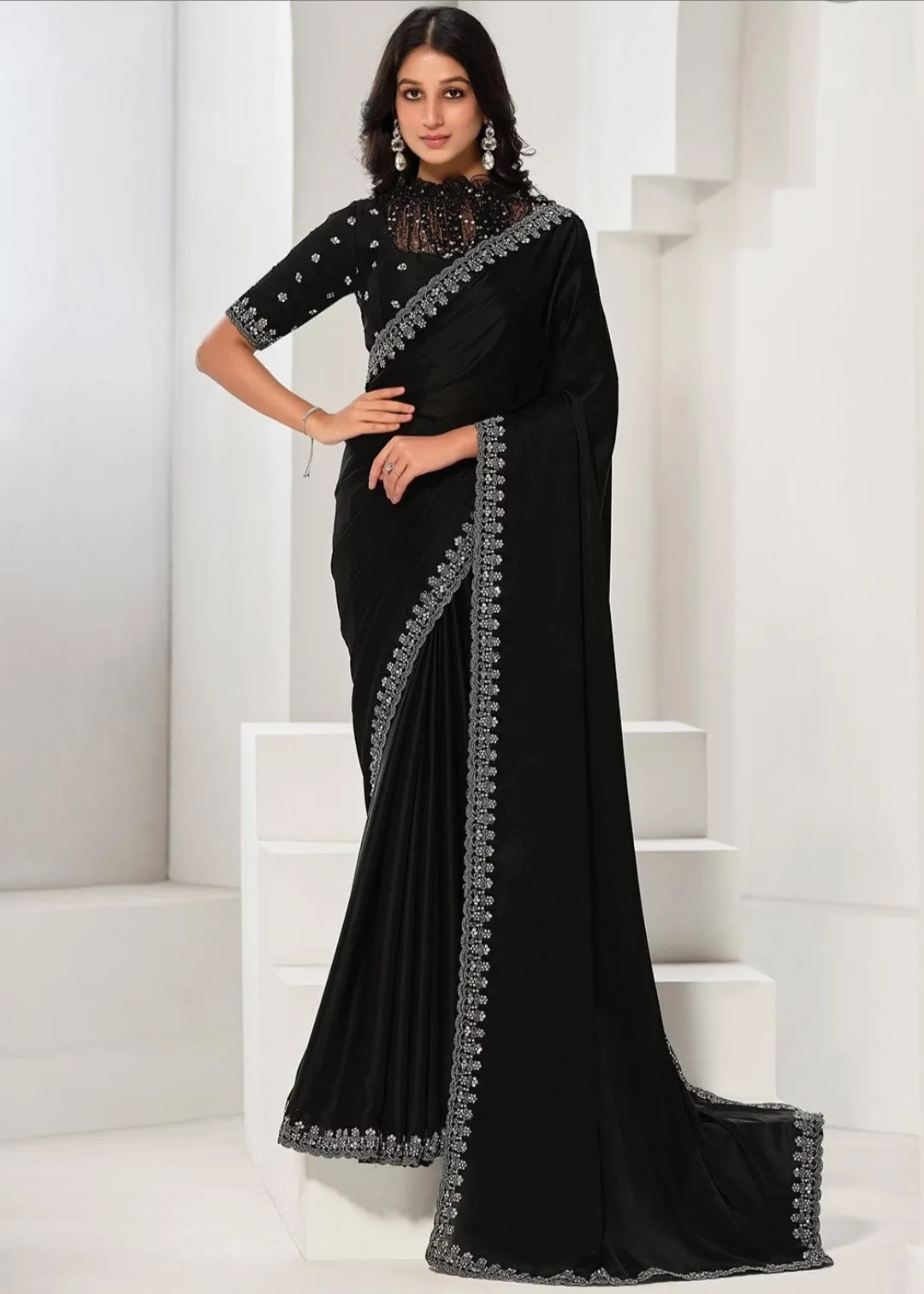 Black Crepe Satin Silk Sequence Work Saree with Unstitched Blouse