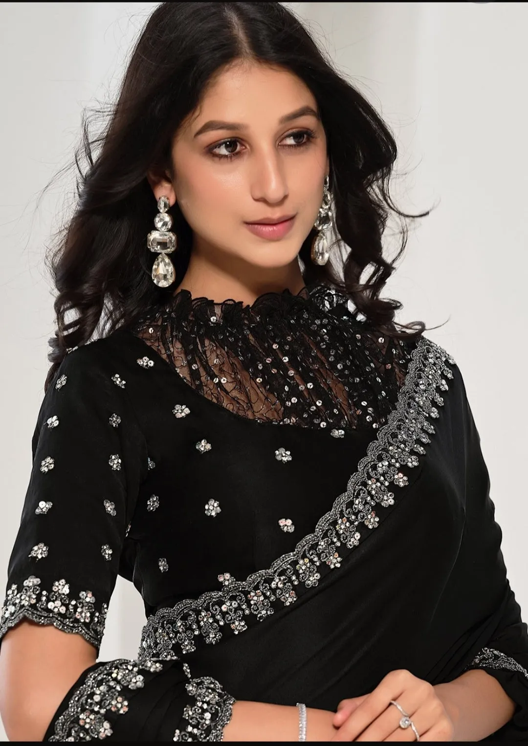 Black Crepe Satin Silk Sequence Work Saree with Unstitched Blouse