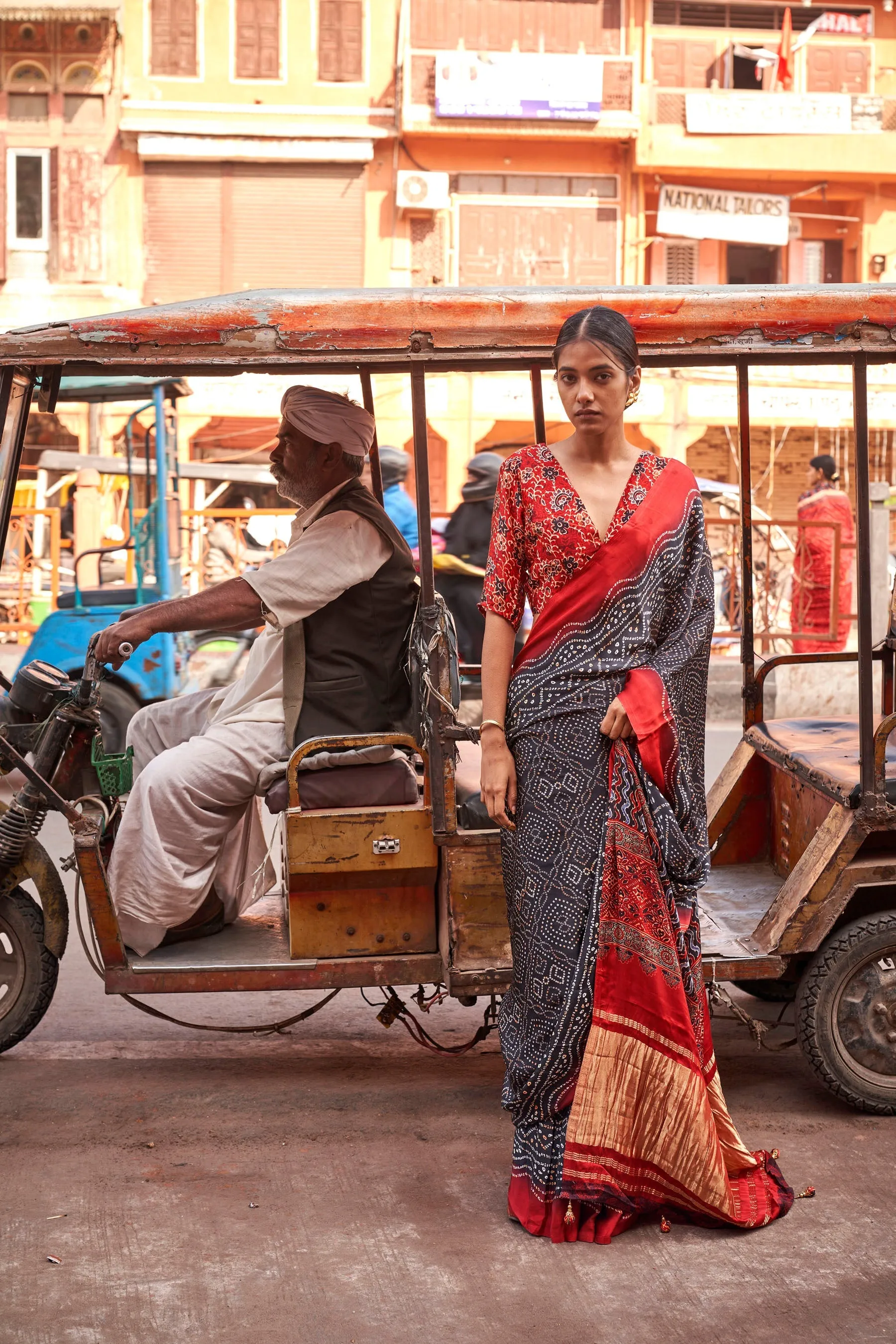 Black Polka Ajrakh Hand Printed Gajji Lagdi Patrta Silk Saree
