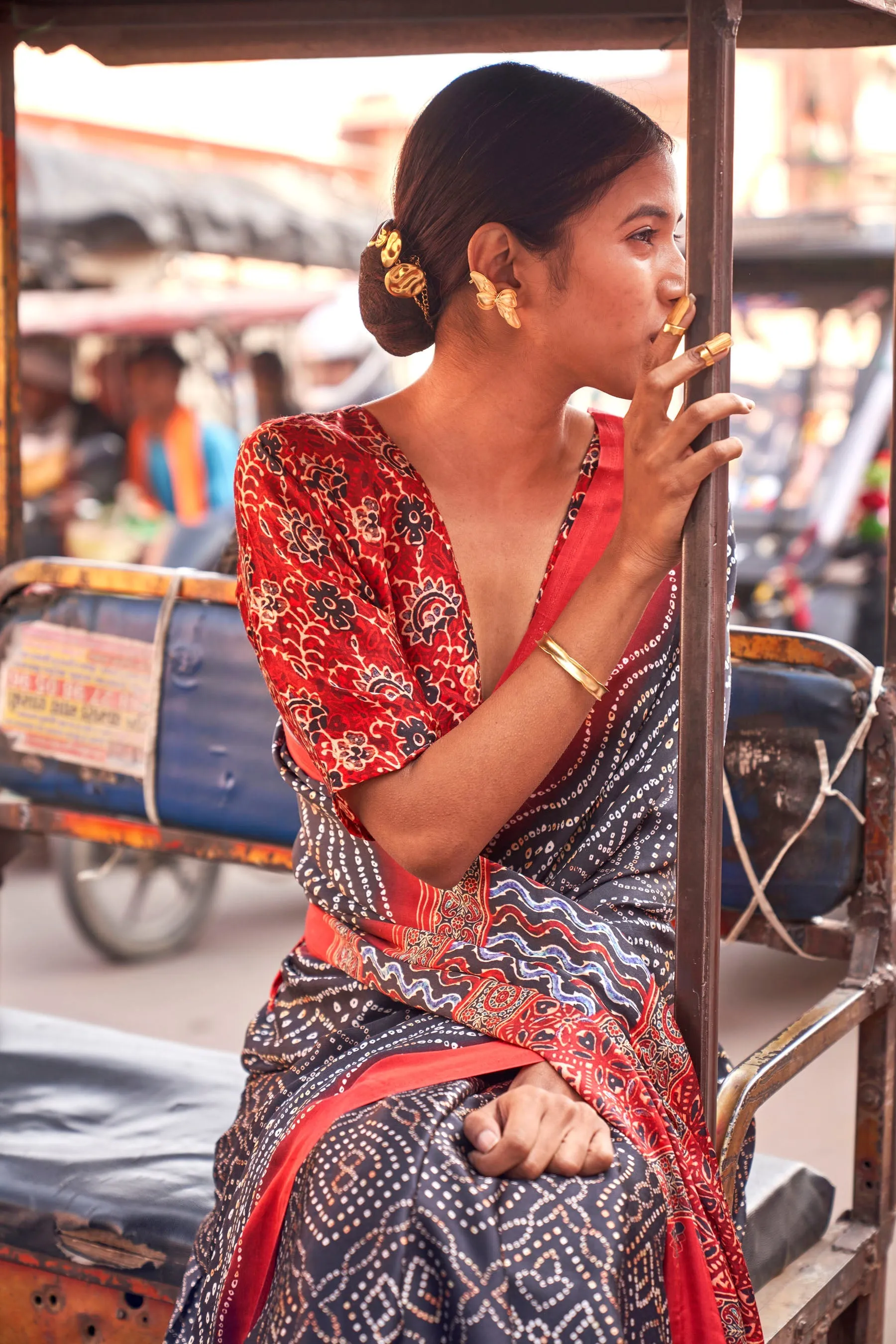 Black Polka Ajrakh Hand Printed Gajji Lagdi Patrta Silk Saree