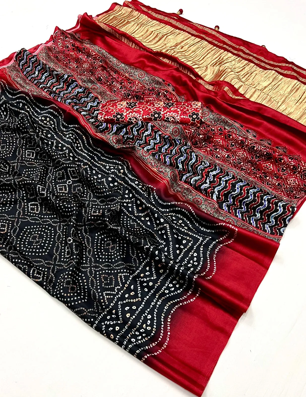 Black Polka Ajrakh Hand Printed Gajji Lagdi Patrta Silk Saree