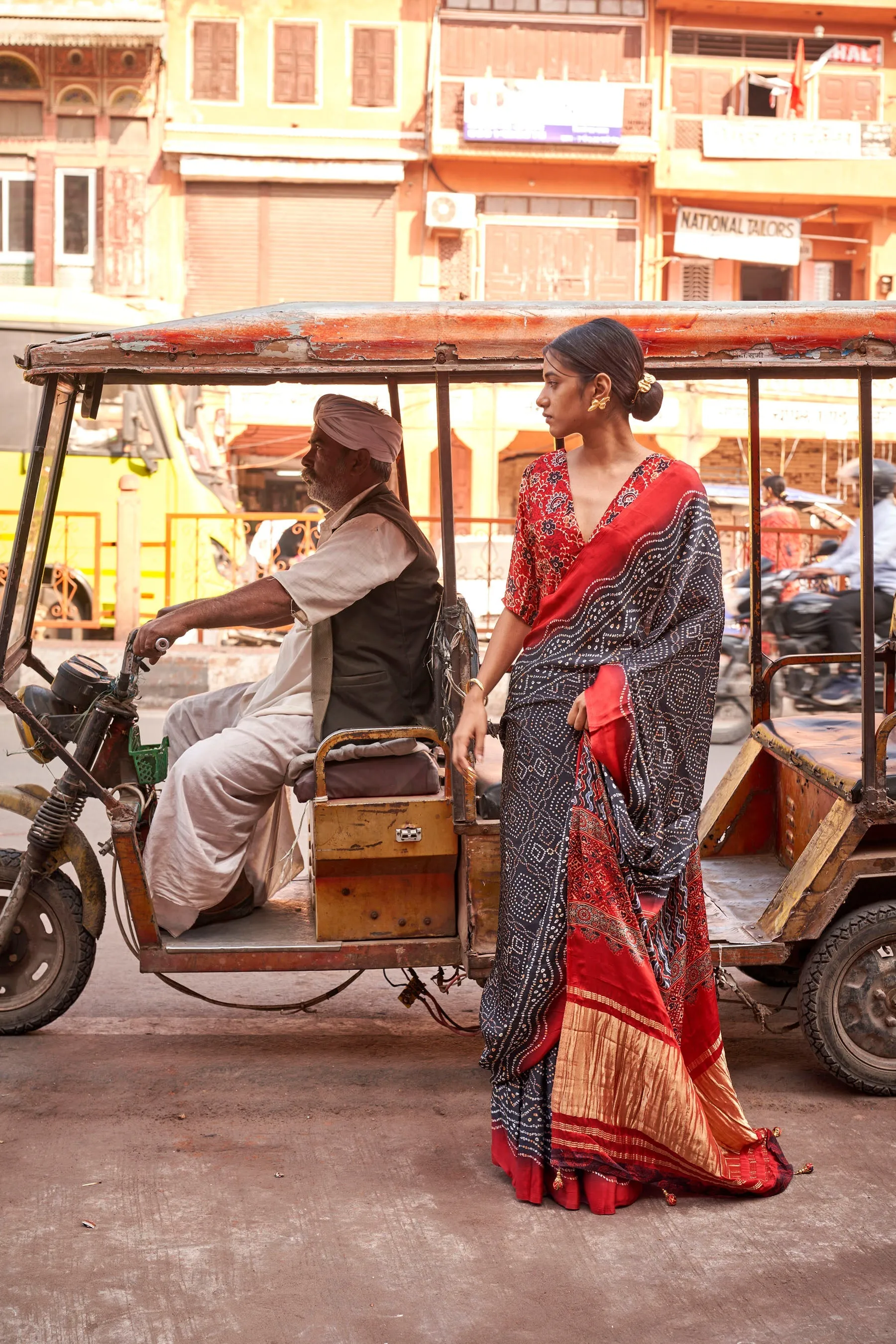 Black Polka Ajrakh Hand Printed Gajji Lagdi Patrta Silk Saree