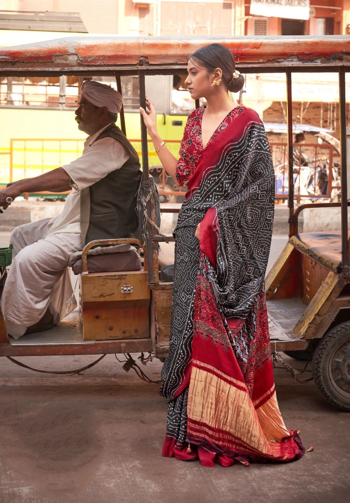 Black Polka Ajrakh Hand Printed Gajji Lagdi Patrta Silk Saree