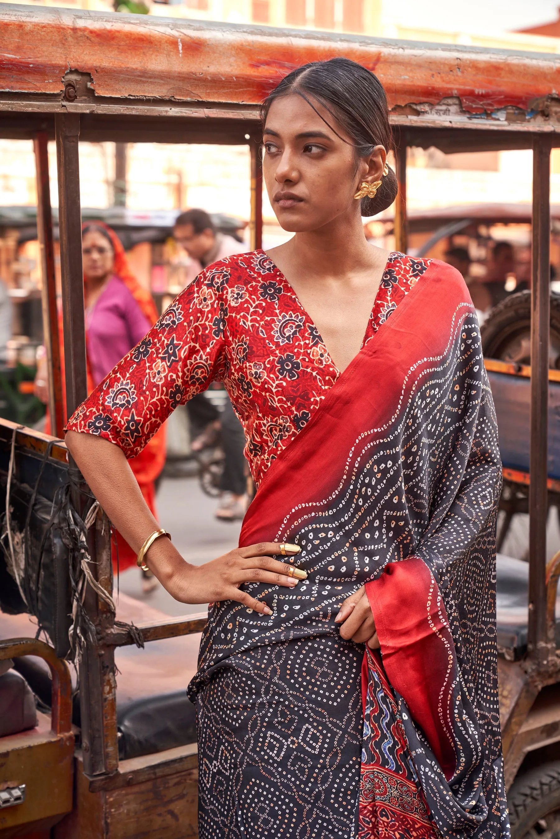 Black Polka Ajrakh Hand Printed Gajji Lagdi Patrta Silk Saree