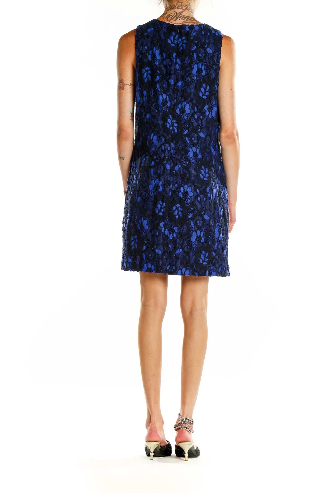 Blue Floral Lace Sleeveless Dress