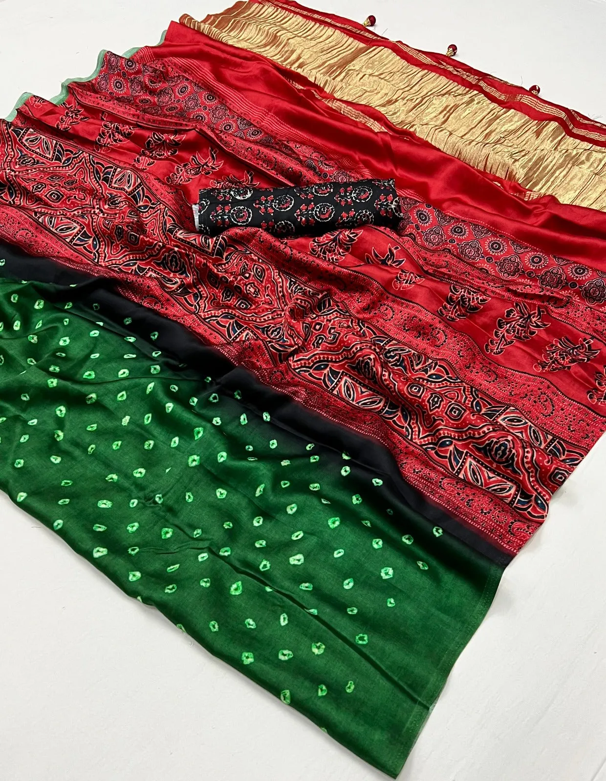Bright Green Polka Ajrakh Hand Printed Gajji Lagdi Patrta Silk Saree