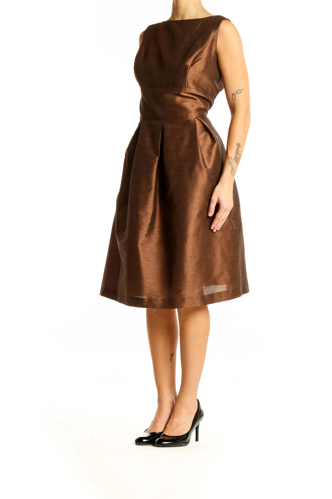 Brown Elegant Pleated Cocktail Dress