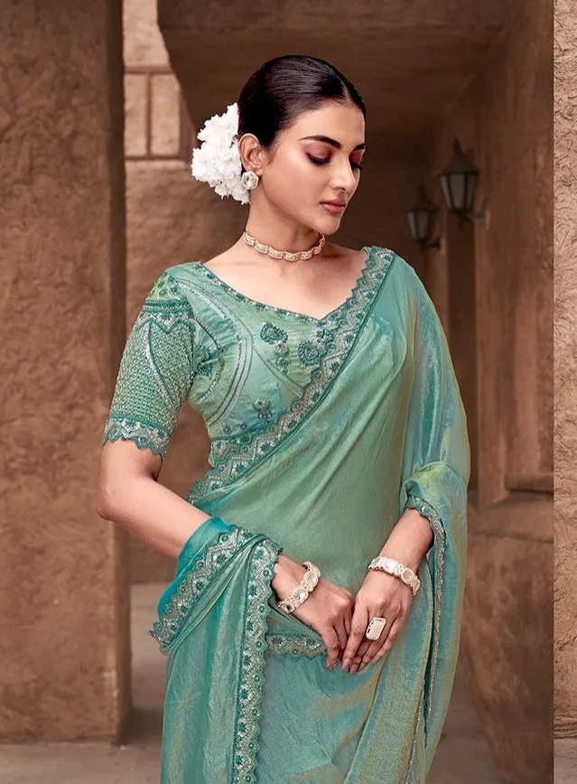 C Green Gradient Crape Silk Georgette Saree with Stitched Blouse