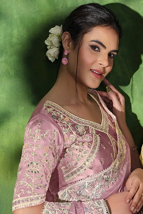 Dusty Pink Crush Paper Silk Dual Sequence with Handwork Saree with Stitched Blouse