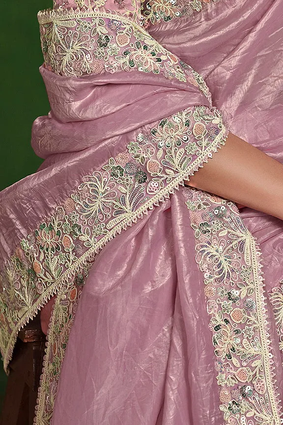Dusty Pink Crush Paper Silk Dual Sequence with Handwork Saree with Stitched Blouse