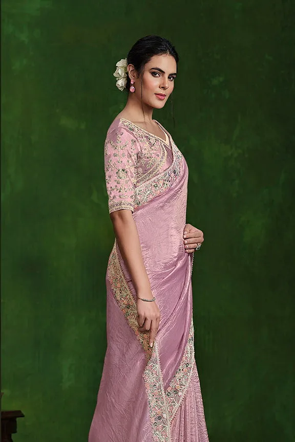 Dusty Pink Crush Paper Silk Dual Sequence with Handwork Saree with Stitched Blouse