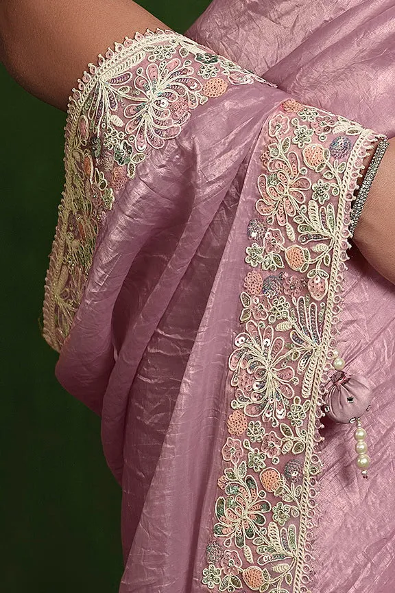 Dusty Pink Crush Paper Silk Dual Sequence with Handwork Saree with Stitched Blouse