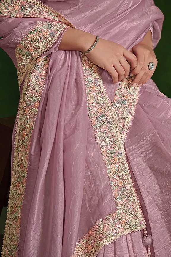 Dusty Pink Crush Paper Silk Dual Sequence with Handwork Saree with Stitched Blouse