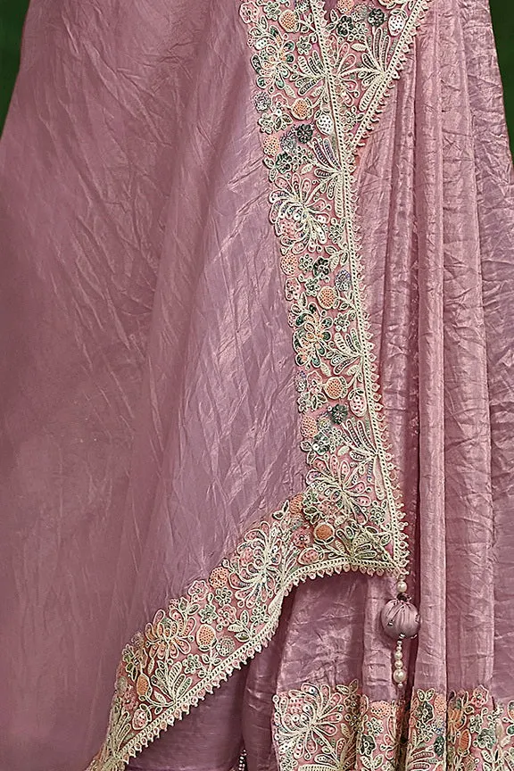 Dusty Pink Crush Paper Silk Dual Sequence with Handwork Saree with Stitched Blouse