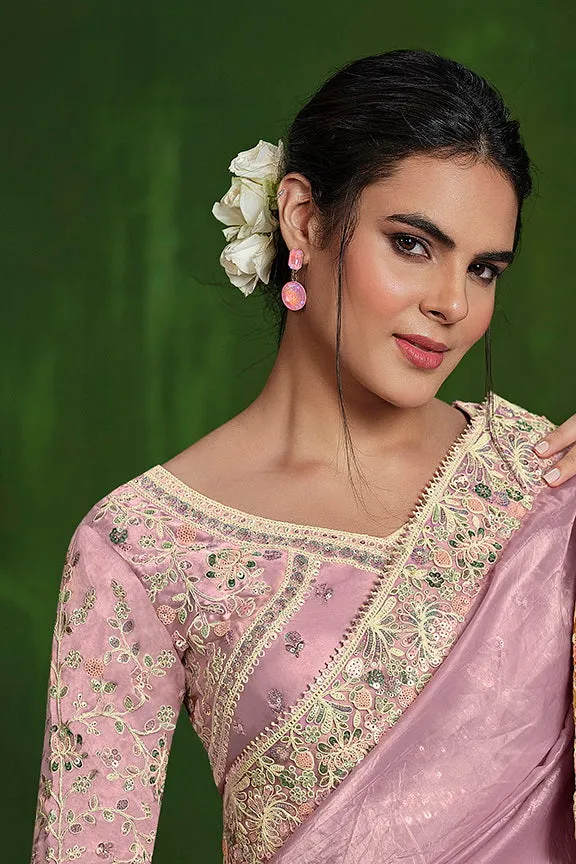 Dusty Pink Crush Paper Silk Dual Sequence with Handwork Saree with Stitched Blouse