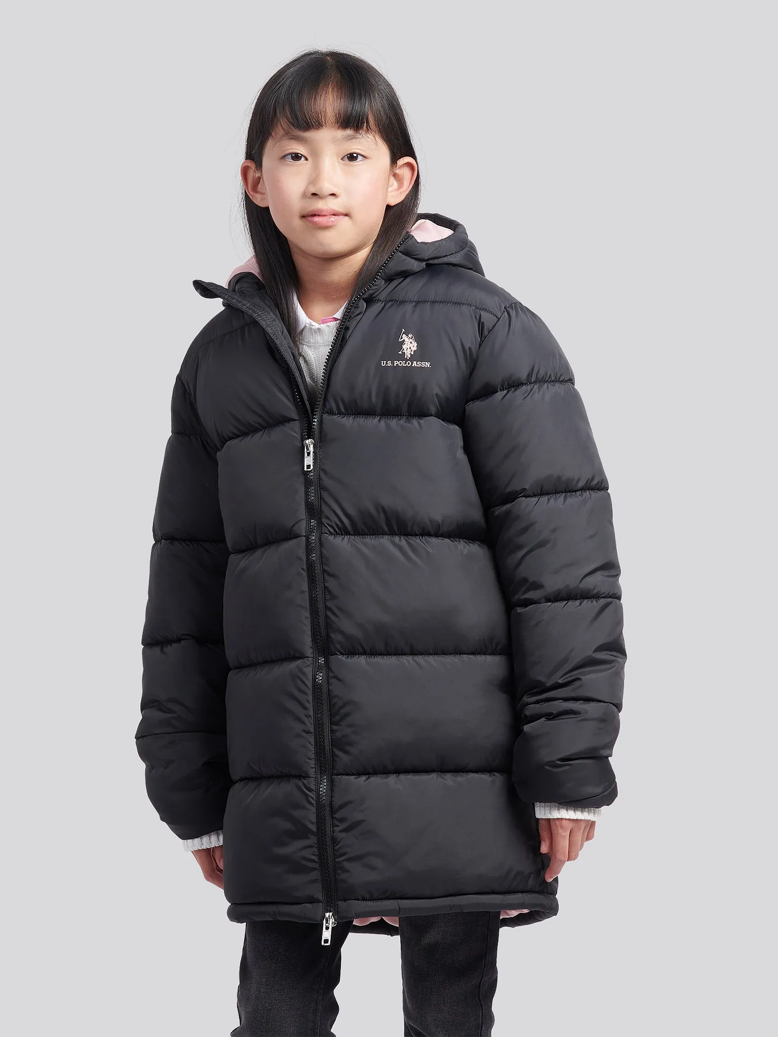 Girls Longline Puffer Jacket in Black