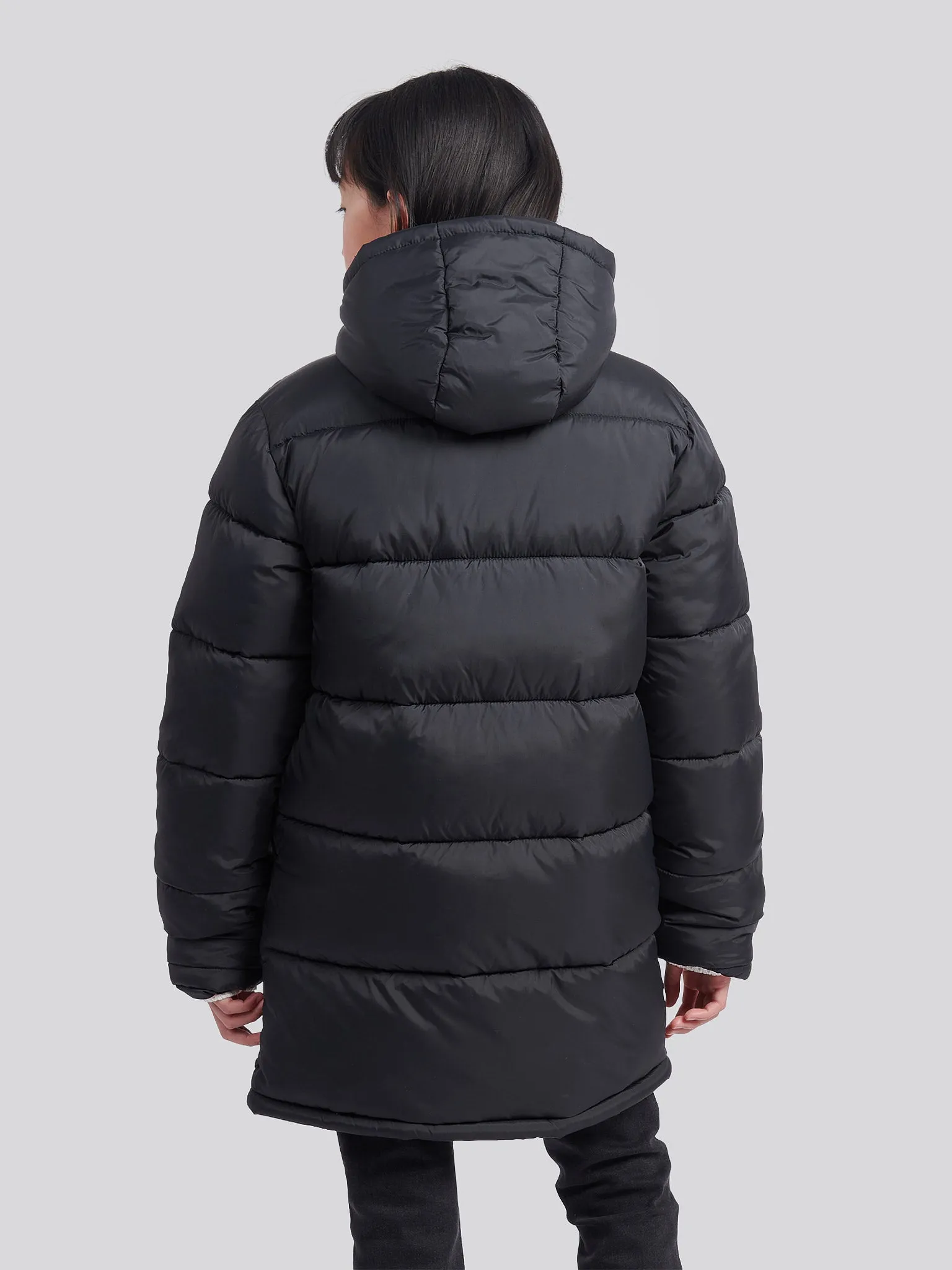Girls Longline Puffer Jacket in Black