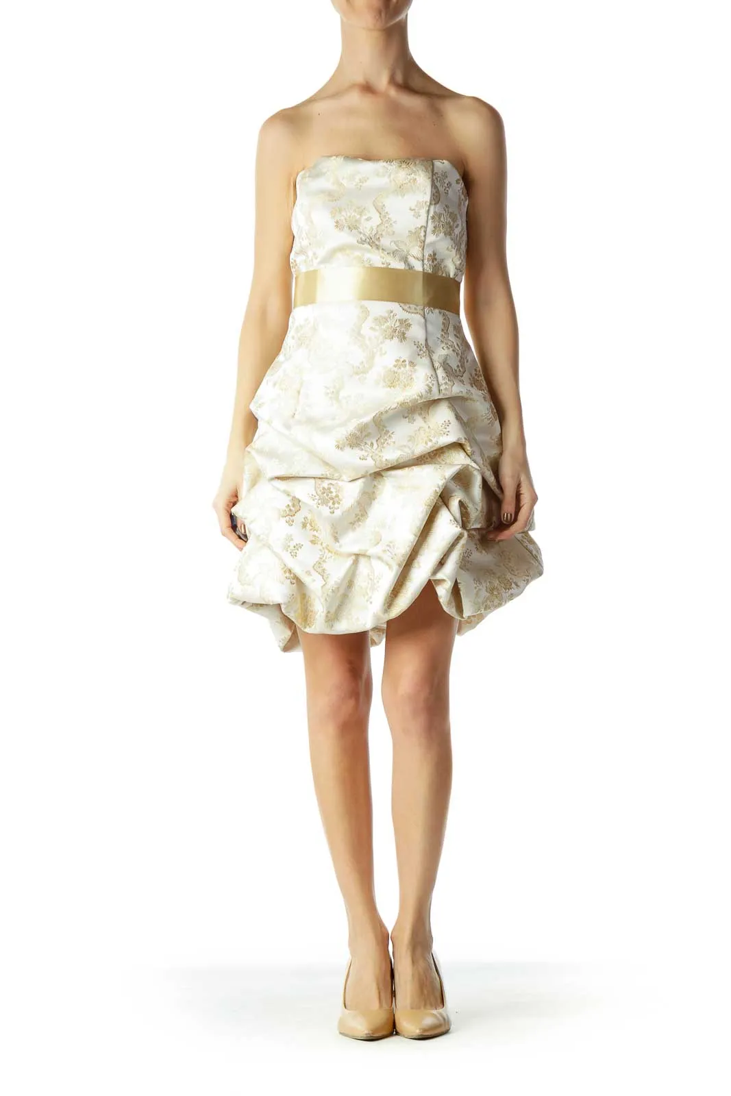 Gold Floral Print Pouf Cocktail Dress
