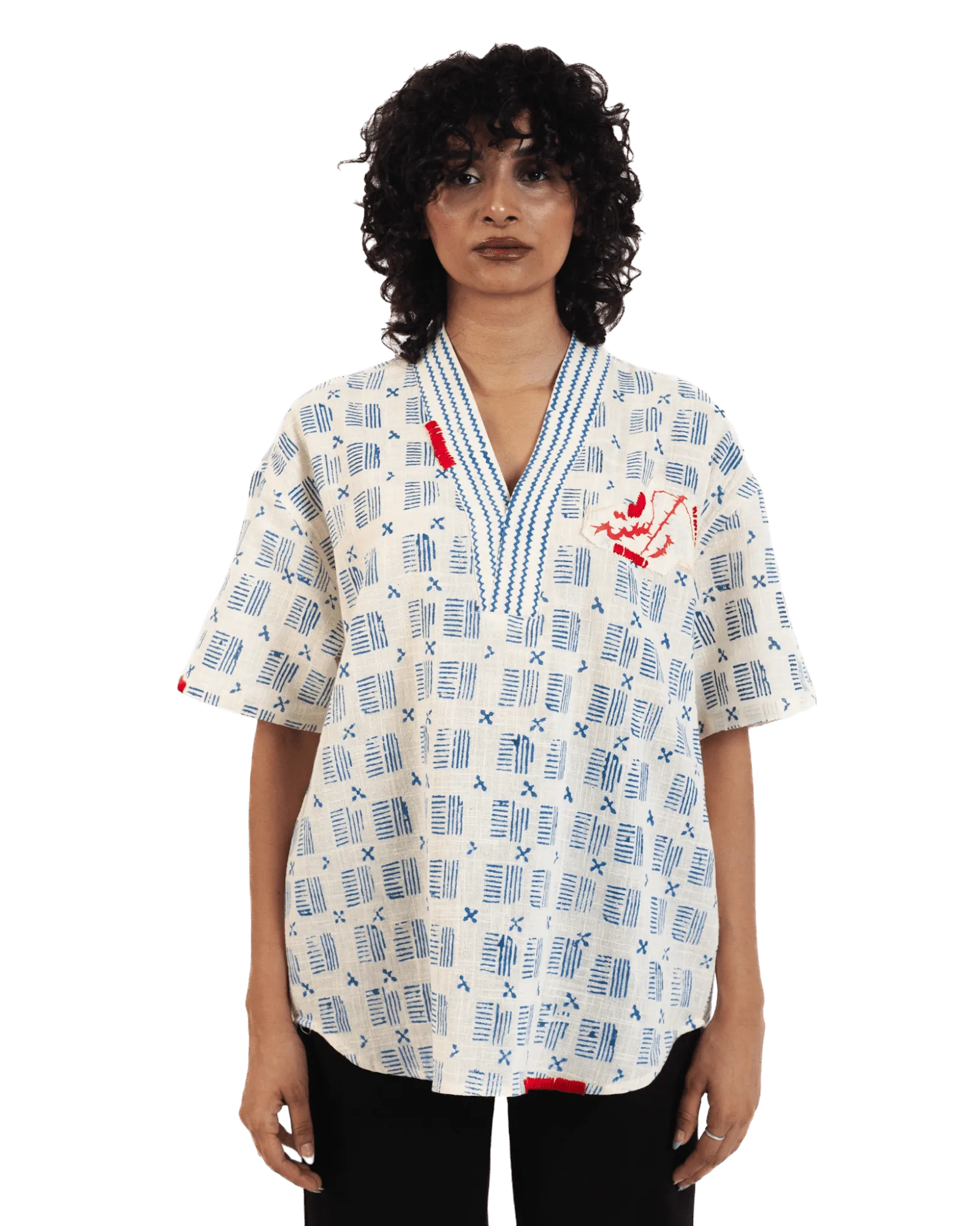 "Azure Echo" Handwoven and Handblockprinted Polo